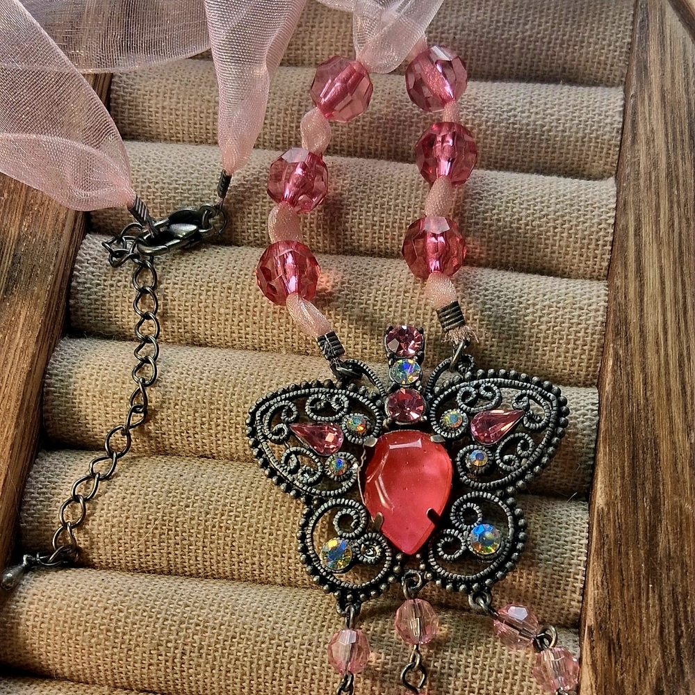 Pink Crystal Butterfly Pendant Necklace — Feminine Statement Jewelry